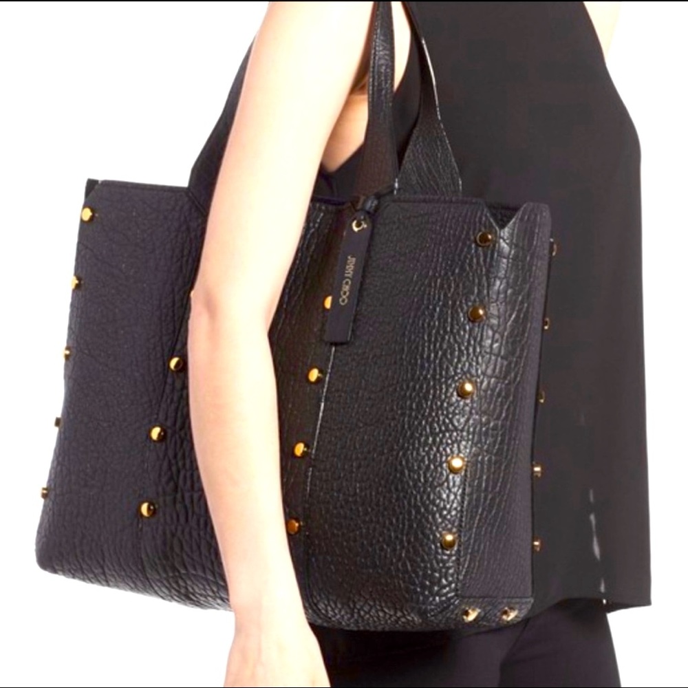 Jimmy Choo grained calfskin studded Lockett shopper tote, black.